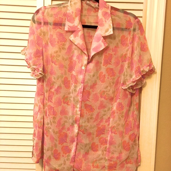 ✨ Sheer Pink & Orange floral button down blouse✨ - Picture 2 of 6